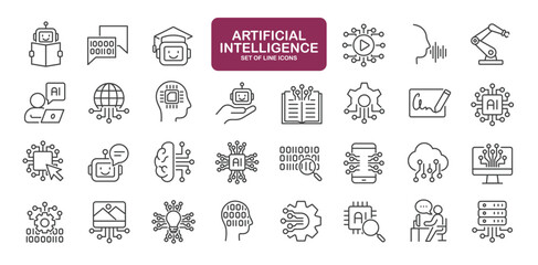 Set of line icons related to artificial intelligence. Outline icons collection