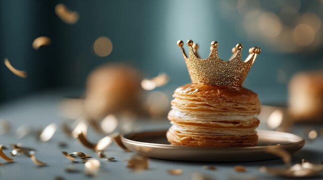 Golden epiphany galette on a silver plate for holiday celebration