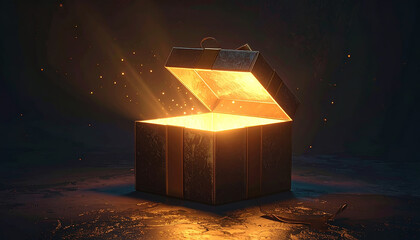 Caja de regalo abierta con luz mágica y brillante saliendo de su interior sobre fondo oscuro. Escena misteriosa para campañas navideñas, fantasía y mensajes festivos y reyes magos o papá Noel