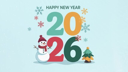 Cute winter snowman beside 2026 happy new year animation video - Powered by Adobe