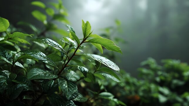 Lush green leaves with dew drops in a misty forest setting