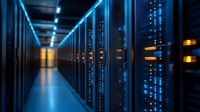 A server room with rows of server racks illuminated by blue and orange lights in a dark environment
