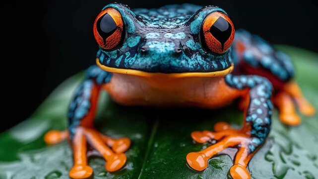 Colorful tree frog resting on a green leaf in a tropical rainforest setting
