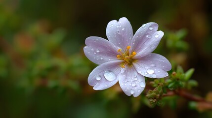 Obraz premium A delicate wildflower adorned with glistening water droplets on its petals set against a soft blurred green background