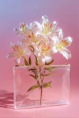 Obraz premium Exquisite white lilies in transparent vase on pastel pink background - floral art for home decor or greeting card design
