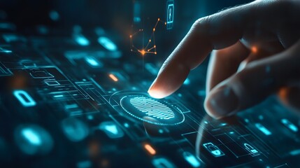 Hand touching holographic data grid in dark tech environment for digital network