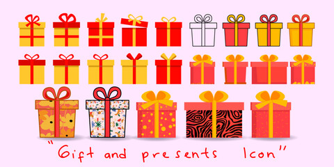 Gift box package, present with ribbon icons vector isolated on background.