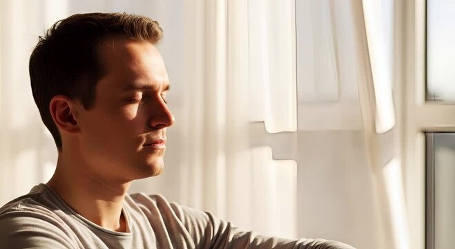 Pensive caucasian man in his quiet apartment enjoying a peaceful moment of solitude and introspection by the window light - Powered by Adobe