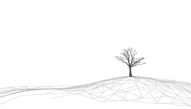 Wireframe landscape with a bare tree on a white background abstract terrain