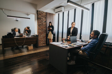 Colleagues working together in a contemporary office setting, showcasing teamwork and professional interactions. Business meetings and discussions highlight a collaborative and productive atmosphere.