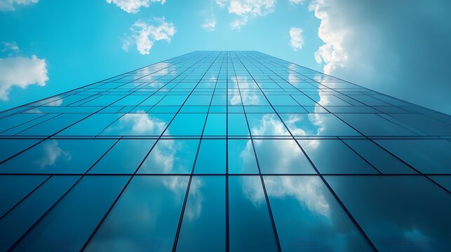 Low angle view of a glass skyscraper reflecting the clouds and blue sky on a bright sunny day