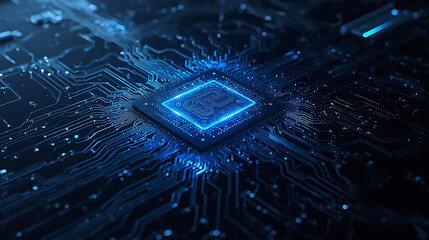 Futuristic blue glowing circuit core with abstract data lines and digital energy patterns symbolizing technology, processing, and innovation.