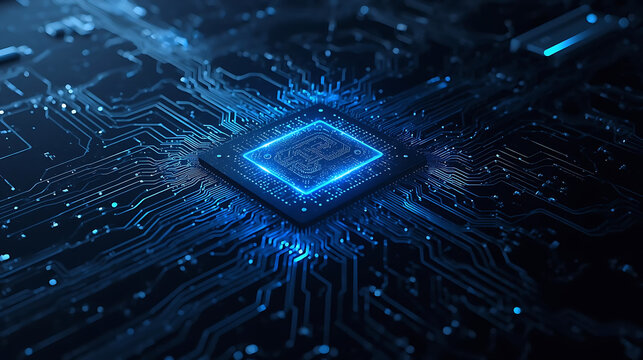 Futuristic blue glowing circuit core with abstract data lines and digital energy patterns symbolizing technology, processing, and innovation.