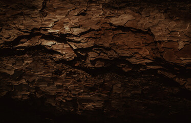 A detailed close-up of the varied, rough texture of pine bark. Deep, dark cracks and raised, in various shades of brown. Use for backgrounds related to nature, ecology, abstract pattern 