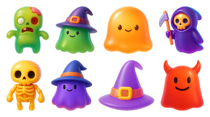Fototapeta premium PNG Colorful Halloween cartoon characters, element set on transparent background