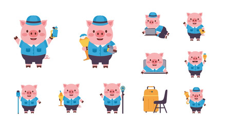 Cartoon pig characters in various activities, representing work, travel, and leisure in a set