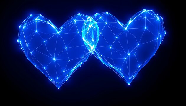 Two interconnected glowing blue digital hearts with wireframe structure and nodes love technology