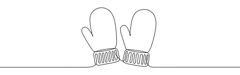 A continuous one-line drawing of two mittens, symbolizing cold weather, warmth, and winter accessories