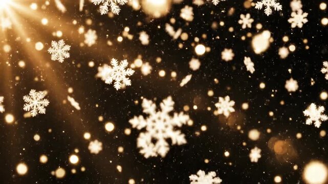 Loopable animated background with falling snowflakes and golden light flares on dark backdrop. Winter holiday animation for festive digital effects and seasonal video overlays. video footage video
