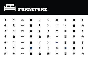 Explore a wide selection of furniture icons for interior design projects, representing chairs, tables, beds, and cabinets in a modern minimalist style
