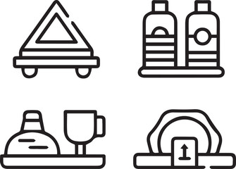 Hospitality service items vector illustration set containing toiletries room service supplies warning sign design elements drawing
