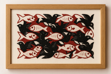 - Fish embroidery art with red and black fish on fabric in wooden frame