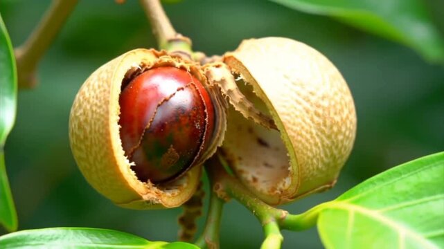 A conceptual video of: A detailed, vibrant close-up of a naturally split nutmeg fruit (Myristica fragrans) on a tropical branch, revealing the precious dark brown seed encased in its scarlet, lacy mac