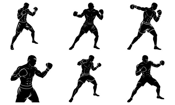 Dynamic boxing silhouettes showcasing powerful stances and movements, perfect for sports branding and fitness promotions, originally a scalable vector graphic