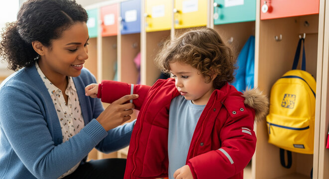 Caring female kindergarten teacher helping a little child put on a warm jacket during preparation for a walk in the hallway with colorful lockers