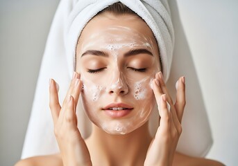 Close-up of Woman Cleansing Face with Foaming Wash and Towel