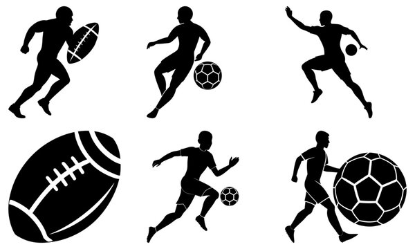 Dynamic sports silhouettes showcase athletes in action playing football and soccer, perfect for athletic brands, team logos, and motivational designs