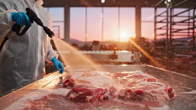 A man in protective gear sprays water on freshly cut meat as the sun sets in the background. The vibrant sunset enhances the scene, highlighting the man's careful work with the mea