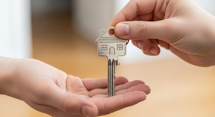 Close-up of hand holding a new house key, real estate concept, buying or renting home, clean modern background, property ownership imagery.