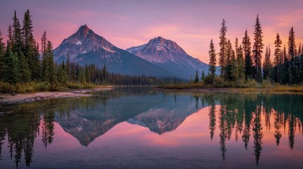 A stunning landscape depicts mountains mirroring in tranquil water at dawn. Forest surrounds the lake under a vibrant, pink-hued sky