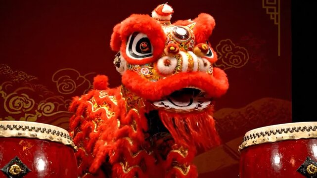Red lion dance costume with drums, decorative background pattern