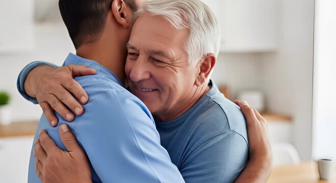 A compassionate young caregiver embraces a smiling senior man, showing support, love, and gratitude in a heartfelt moment at home