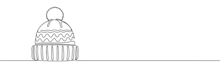 A continuous one-line drawing of a winter hat with a pom-pom, symbolizing cold weather and winter fashion