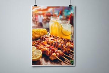 Delicious Grilled Skewers, Corn, Lemonade, Summer BBQ Feast, Blurred Background, Vibrant Colors.