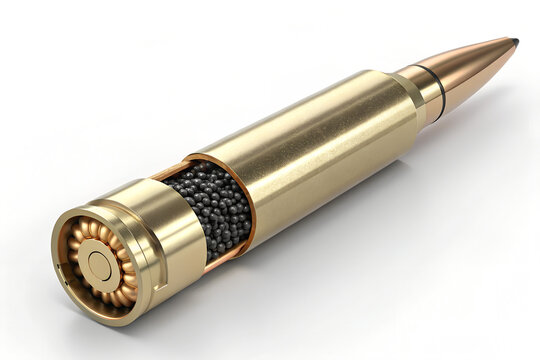 Cutaway View of Modern Rifle Cartridge with Exposed Gunpowder and Ballistic Tip &ndash; Photorealistic High-Resolution Render
