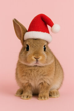 Adorable petit lapin portant un bonnet de No&euml;l sur fond rose pastel