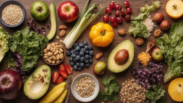 Assorted fresh fruits and vegetables, nuts, and grains arranged on a wooden surface - Powered by Adobe