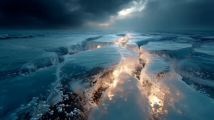 Dramatic view of cracked ice on a frozen lake under a stormy sky with sunlight.