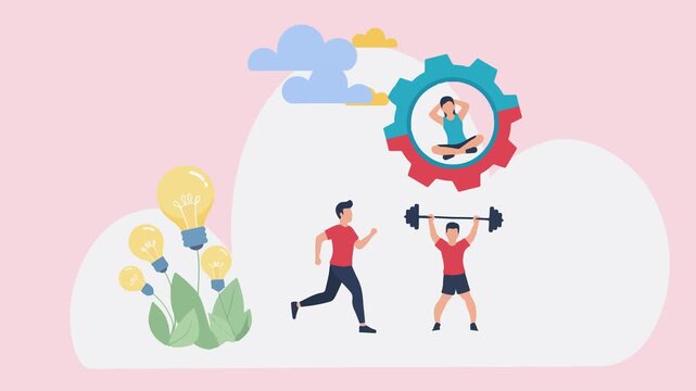 Mental and physical health concept with running, weightlifting, meditation, and ideas.