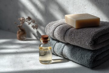 Serene Spa Still Life - Grey Towels, Essential Oil, and Soap Bathed in Sunlight and Leaf Shadows.