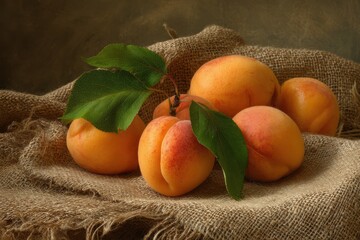 Chiaroscuro Still Life of Ripe Apricots with Leaves on Rustic Burlap.
