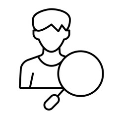 Man with magnifier thin line icon, recruitment concept. Vector graphics. Young man and magnifying glass, profile sign on white background, style icon mobile or web design.