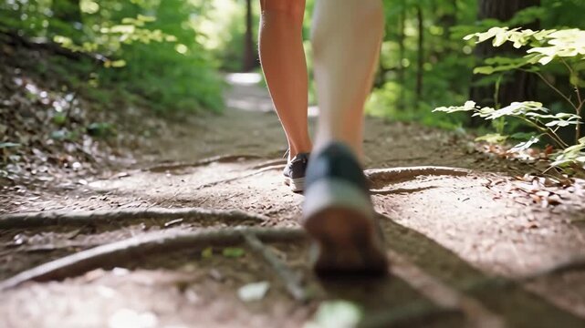 Low-angle close-up of legs walking along a forest dirt trail, camera following steady footsteps over roots and leaves, soft dappled sunlight filtering through trees, calm outdoor nature travel mood