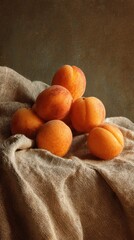 Still Life of Ripe Apricots, Soft Light, Textured Linen, Rustic Elegance.