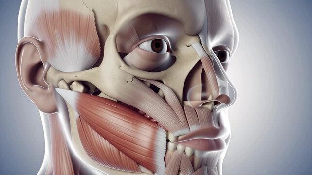 the masseter muscle, 3D medical anatomy render, along with facial bone structure, detailed muscle fibers visible through semi-transparent layers, clean clinical lighting and precise educational