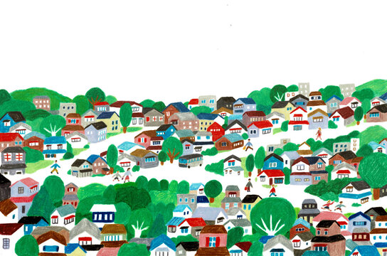 手描きイラスト　緑あふれる住宅街とそこに住む人々	